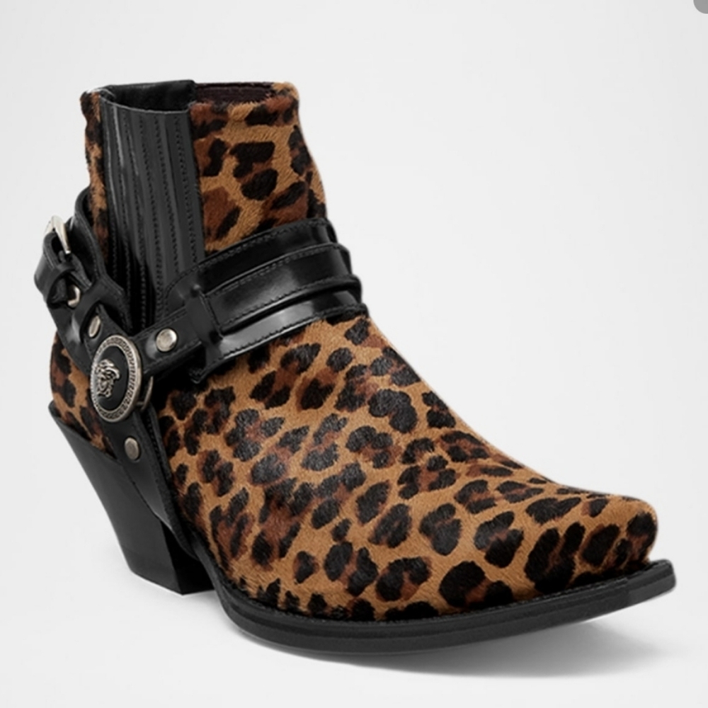 VERSACE LEOPARD PRINT WESTERN BOOTS CALF HAIR & LEATHER